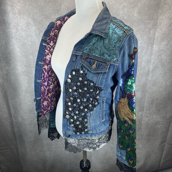 Embellished Denim Jacket Women’s Small Angel Beaded Peacock Lace Sequins Stars - Picture 8 of 10